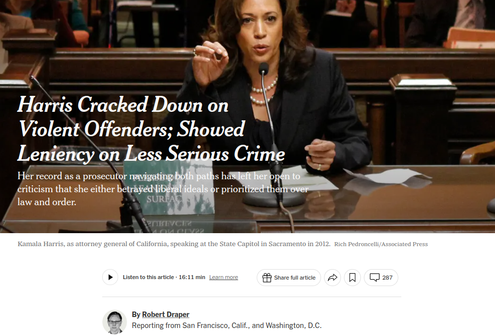 NY Times headline screenshot: "Harris Cracked Down on Violent Offenders; Showed Leniency on Less Serious Crime Her record as a prosecutor navigating both paths has left her open to criticism that she either betrayed liberal ideals or prioritized them over law and order."