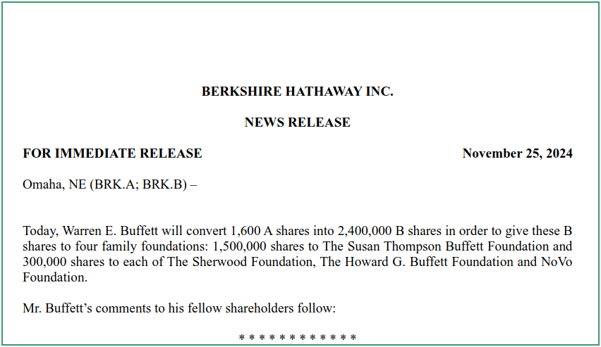 Berkshire Hathaway press release 