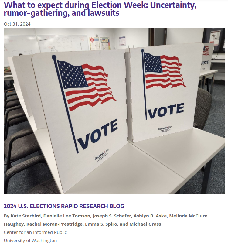 Screenshot from Center for an Informed Public, headline: "What to expect during Election Week: Uncertainty, rumor-gathering, and lawsuits"